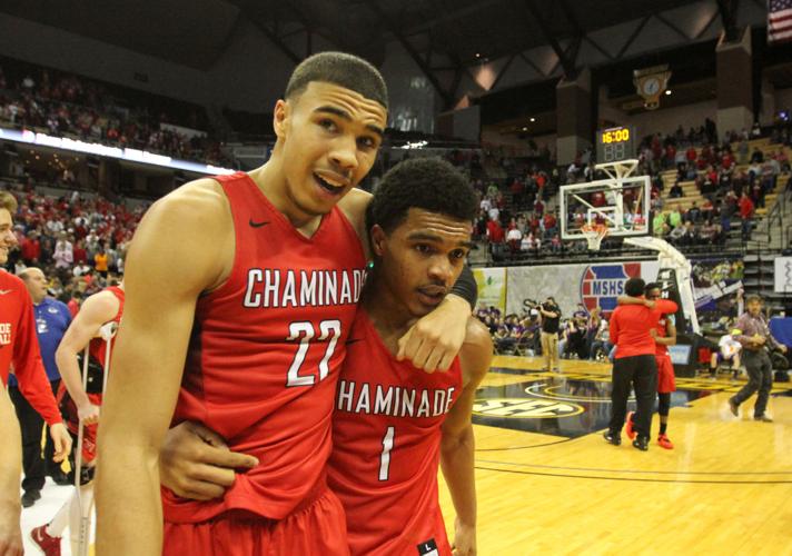 Chaminade's Jayson Tatum, right, celebrates after sinking a basket along  side Kickapoo's Jared Ridder during the first half of the Missouri Class 5  boys high school championship basketball game Saturday, March 19