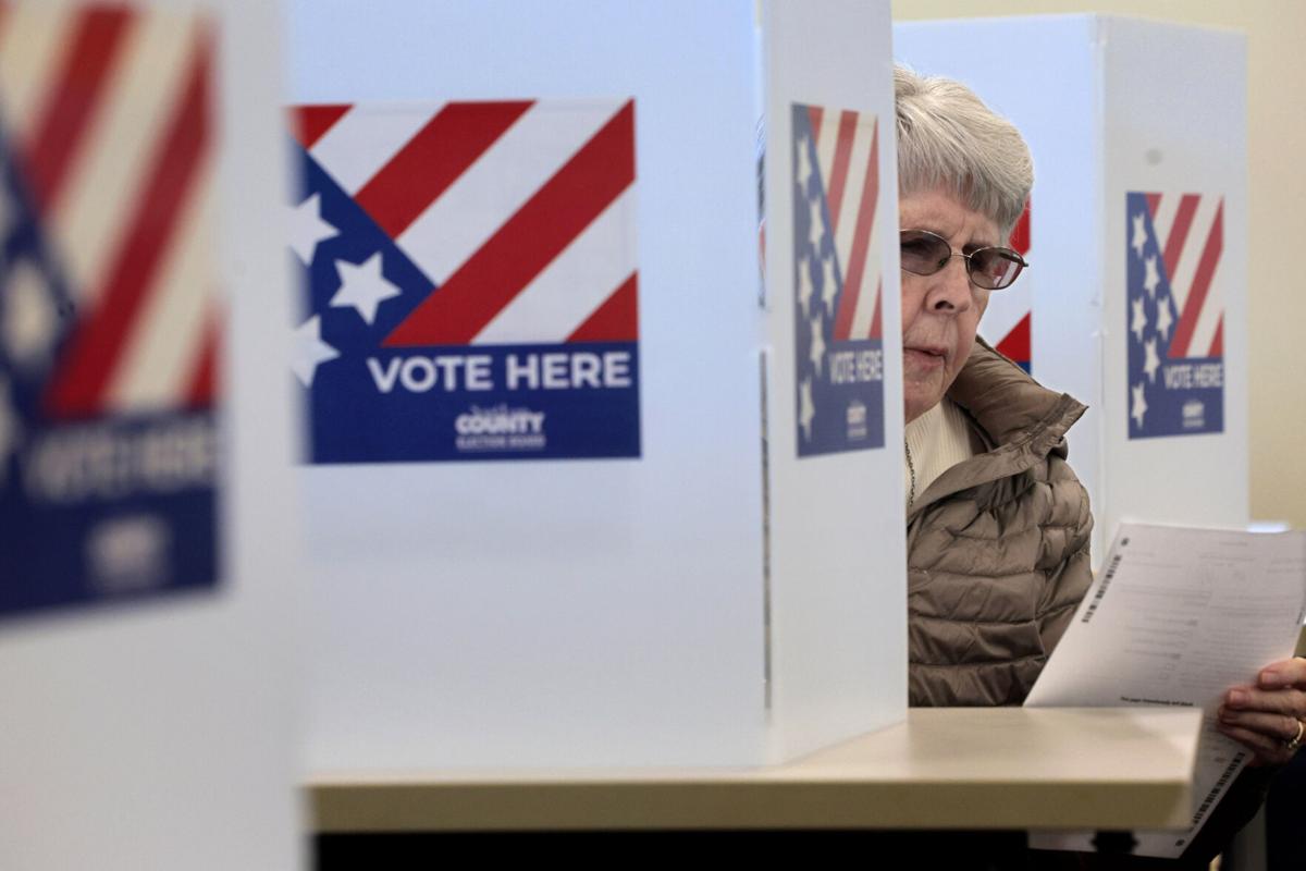Elizabeth Hermann completes her ballot on Tuesday, April 8, 2025, as she votes at �����Ӱ�ԭ�� County Library's Parkview Branch in Vinita Park during the General Election which includes the County's Proposition B.