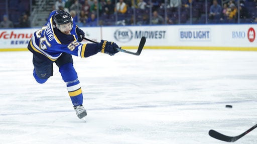 St. Louis Blues' Robert Bortuzzo in action during the first period of a  preseason NHL hockey game against the Columbus Blue Jackets Thursday, Sept.  29, 2022, in St. Louis. (AP Photo/Jeff Roberson