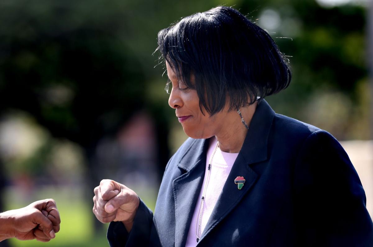 First Ward incumbent Alderwoman Sharon Tyus campaigns on election day