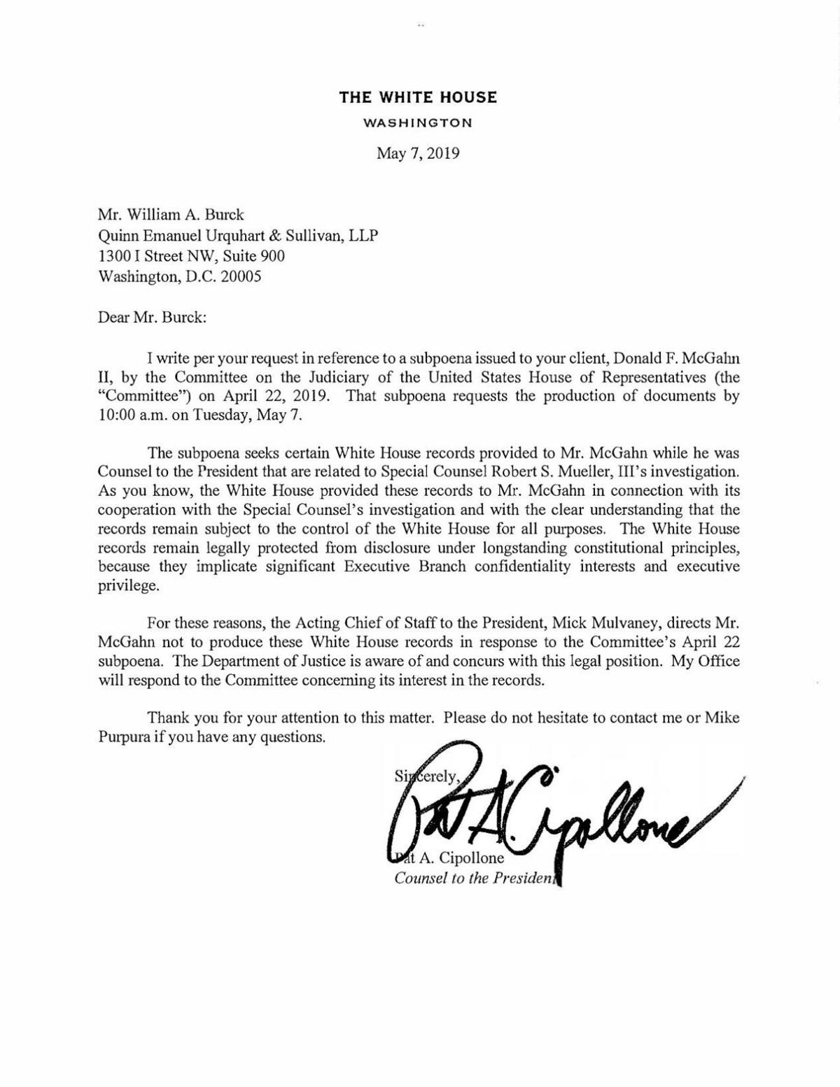 Read white house letter to don mcgahn