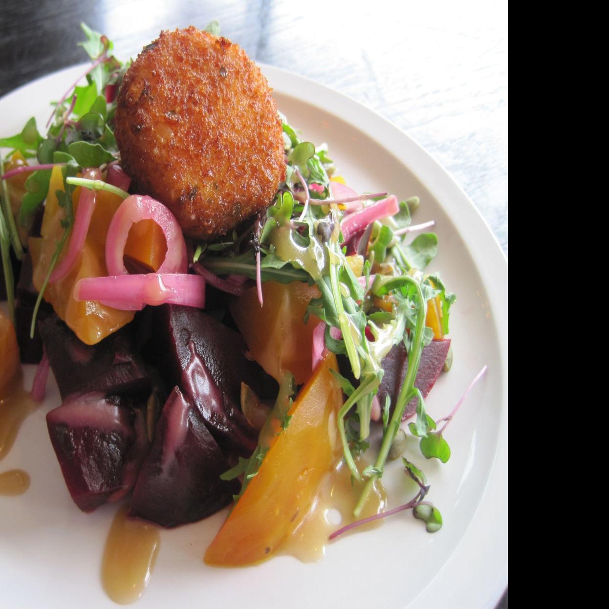 Special Request Edibles Essentials Beet Salad Is Topped With Goat Cheese Fritter Food And Cooking Stltoday Com