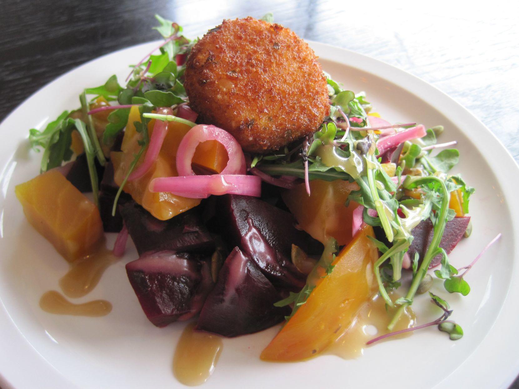 Special Request Edibles Essentials Beet Salad Is Topped With Goat Cheese Fritter Food And Cooking Stltoday Com