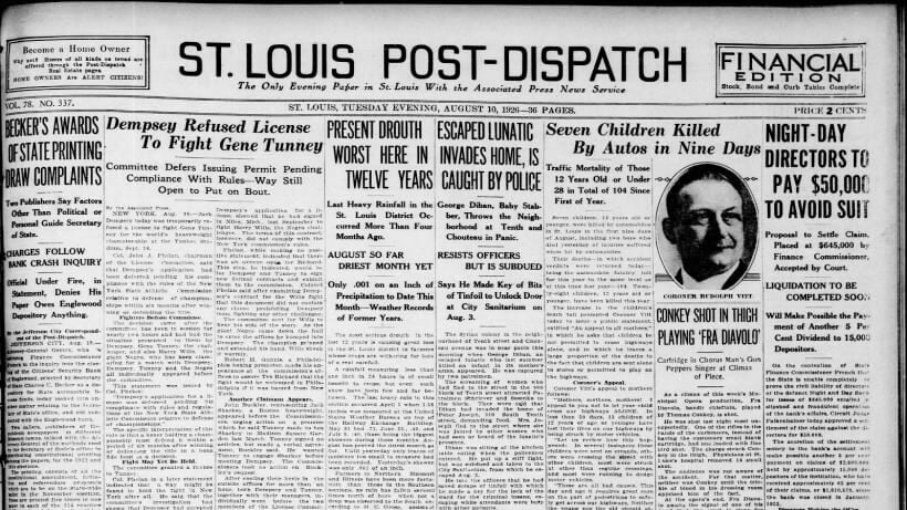 stltoday.com - Post-Dispatch archives - See the Aug. 10, 1926, front page: Seven children killed by autos in nine days