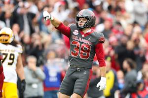 Nov 22, 2025; Norman, Oklahoma, USA; Oklahoma Sooners linebacker Owen Heinecke (38) reacts during the first half against the Missouri Tigers at Gaylord Family-Oklahoma Memorial Stadium. Mandatory Credit: Kevin Jairaj-Imagn Images