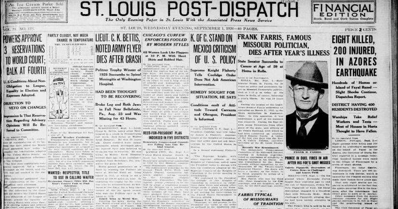See the Sept. 1, 1926, front page: Frank Farris, famous Missouri politician, dies