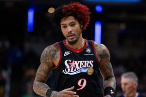Apr 10, 2026; Indianapolis, Indiana, USA; Philadelphia 76ers guard Kelly Oubre Jr. (9) in the second half against the Indiana Pacers at Gainbridge Fieldhouse. Mandatory Credit: Trevor Ruszkowski-Imagn Images