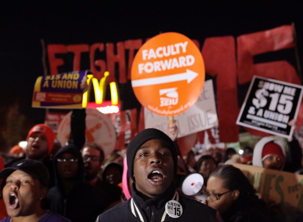 Minimum wage demonstration shuts down rush hour traffic in the 1400 block of Hamtpon Avenue in St. Louis