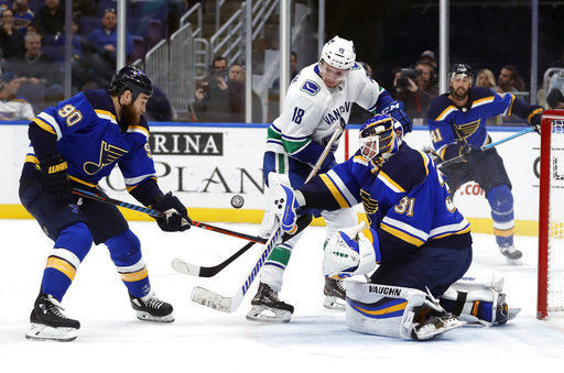 St. Louis Blues' Robert Bortuzzo in action during the first period of a  preseason NHL hockey game against the Columbus Blue Jackets Thursday, Sept.  29, 2022, in St. Louis. (AP Photo/Jeff Roberson