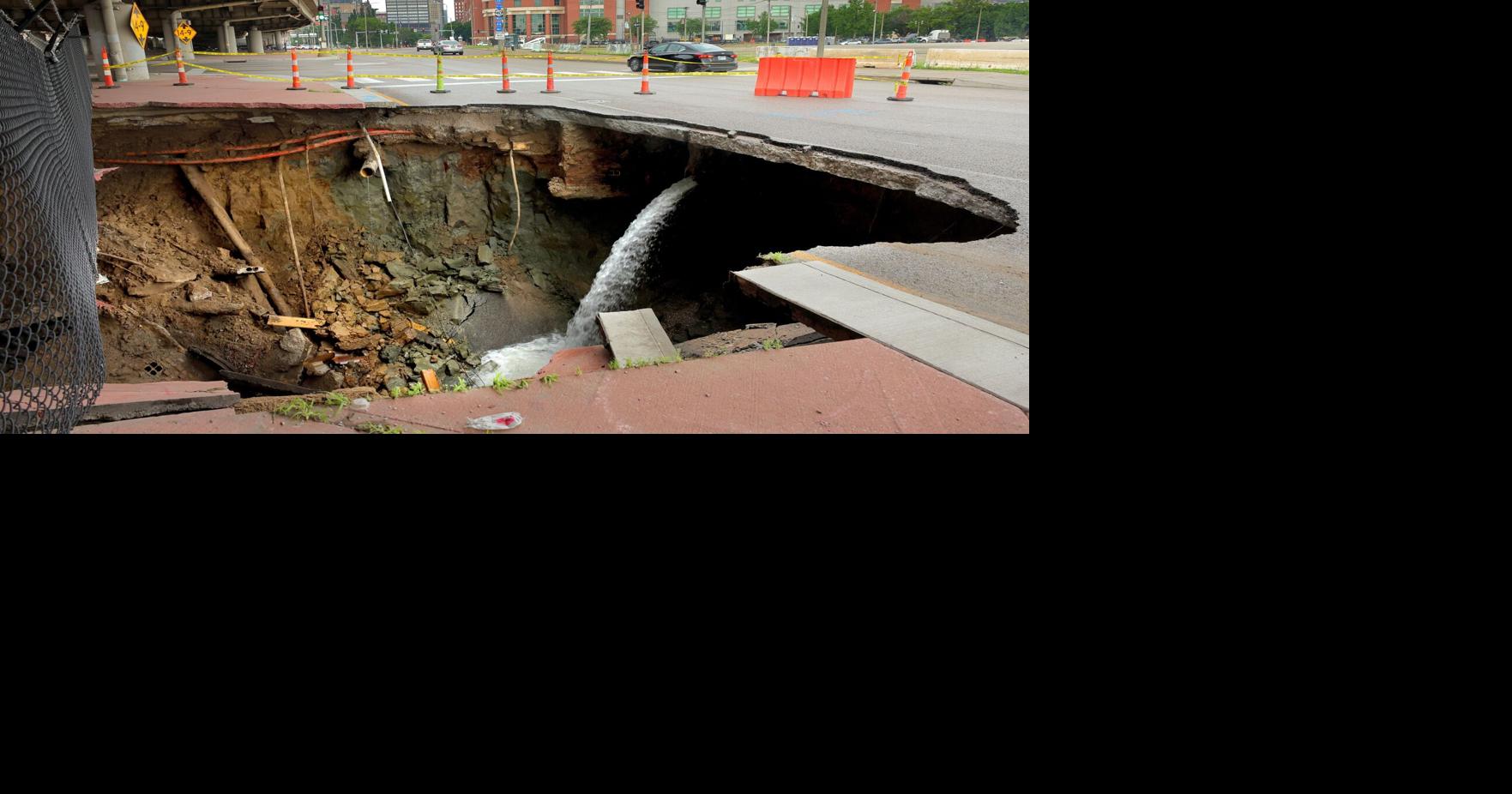 Three water mains break, causing massive sinkhole near I-70 and the Dome in St. Louis