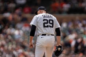 Detroit Tigers starting pitcher Tarik Skubal (29) stands on the mound against the Baltimore Orioles at Comerica Park in Detroit
