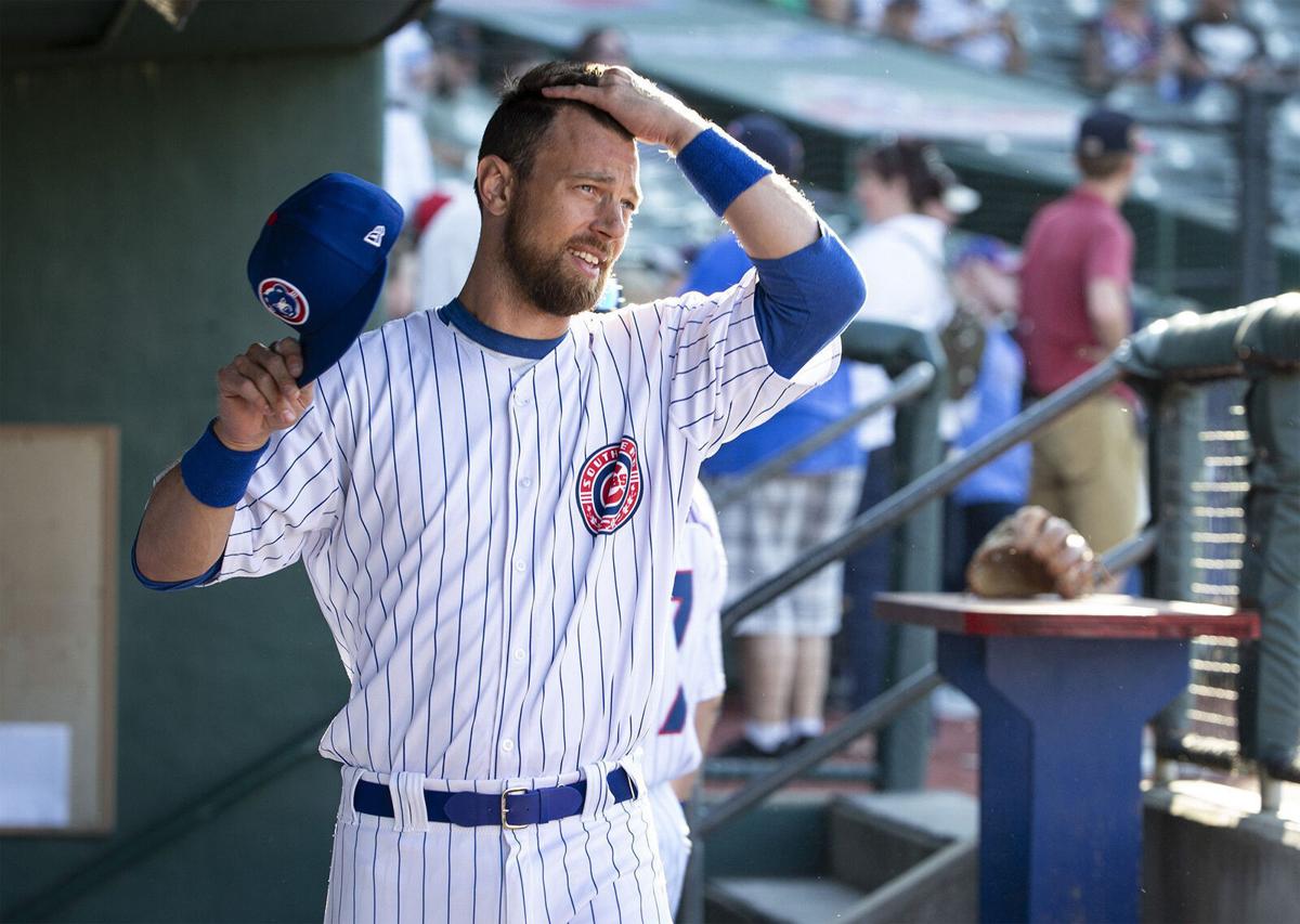 Ben Zobrist in the South Bend Cubs dugout before their game against the West Michigan Whitecaps at Four Winds Field on Aug. 2, 2019.