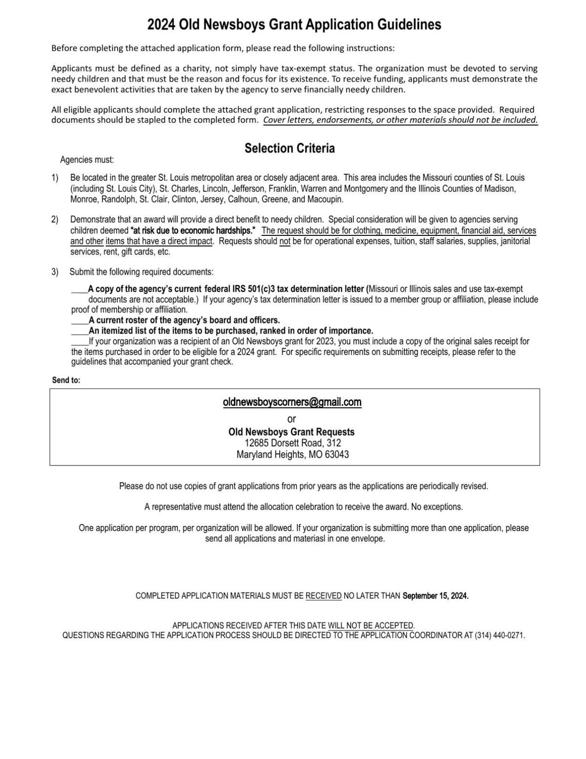Old Newsboys Grant Application 2024 | Old Newsboys Day Grant 