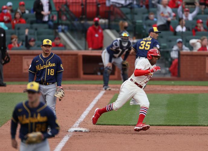 St. Louis, United States. 11th Apr, 2021. St. Louis Cardinals Nolan Arenado  swings, hitting a single in the first inning against the Milwaukee Brewers  at Busch Stadium in St. Louis on Sunday