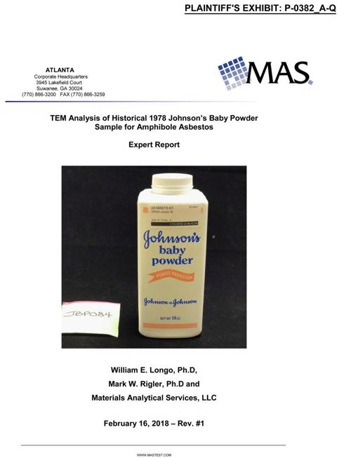 The front page of a report analyzing a sample of Johnson's Baby Powder from 1978, entered in court as a plaintiff's exhibit in a case against Johnson&Johnson, is pictured in this handout photo