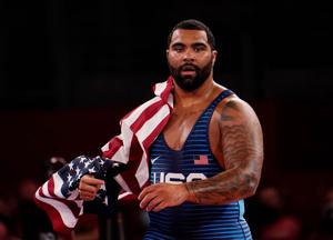Aug 6, 2021; Chiba, Japan; Gable Dan Steveson (USA) celebrates after defeating Geno Petriashvili (GEO) in the men's freestyle 125kg final during the Tokyo 2020 Olympic Summer Games at Makuhari Messe Hall A. Mandatory Credit: Mandi Wright-USA TODAY Sp