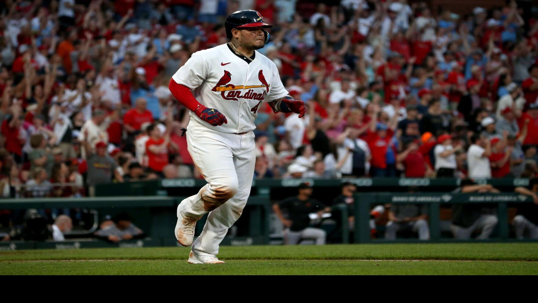 Cardinals catcher Yadier Molina is hit by a pitch in a rehab assignment