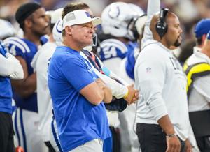 Indianapolis Colts general manager Chris Ballard watches the game from the sidelines Saturday, Aug. 22, 2026, during the preseason game against the Atlanta Falcons at Lucas Oil Stadium in Indianapolis.