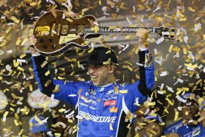 Denny Hamlin wins NASCAR race in Nashville, celebrates with bow for Kyle Busch