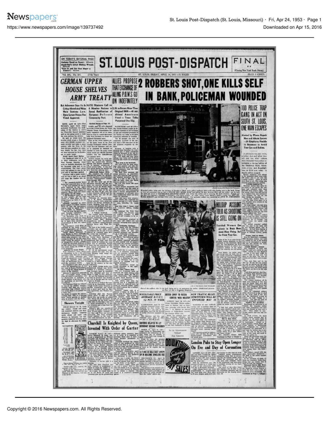 St. Louis Post-Dispatch front page on April 24, 1953 St. Louis Post-Dispatch front page on April 24, 1953