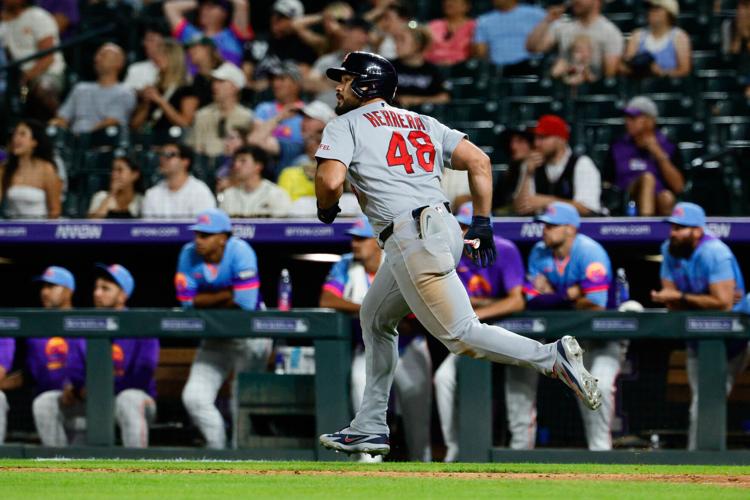 Sep 4, 2026; Denver, Colorado, USA; �����Ӱ�ԭ�� Cardinals designated hitter Ivan Herrera (48) watches his ball on a three run home run in the ninth inning against the Colorado Rockies at Coors Field. Mandatory Credit: Isaiah J. Downing-Imagn Images
