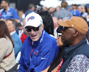 Buffalo Bills legends Jim Kelly visits with Thurman Thomas  at the official ribbon cutting ceremony opening the new Highmark Stadium, home of the Buffalo Bills, Tuesday, June 23, 2026 in Orchard Park.