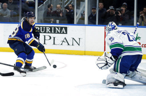 St. Louis Blues' Robert Bortuzzo in action during the first period of a  preseason NHL hockey game against the Columbus Blue Jackets Thursday, Sept.  29, 2022, in St. Louis. (AP Photo/Jeff Roberson