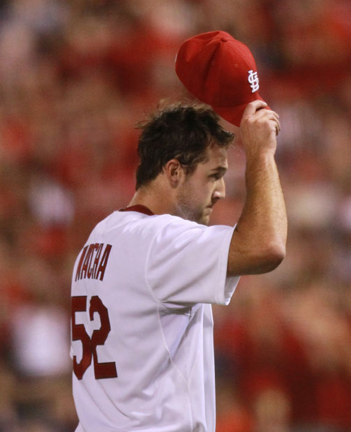 St. Louis Cardinals pitcher Michael Wacha can't make a play on a ball hit  by Washington Nationals Ryan Zimmerman in the ninth inning at Busch Stadium  in St. Louis on September 24