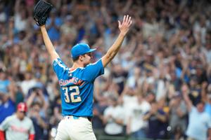 Jun 12, 2026; Milwaukee, Wisconsin, USA; Milwaukee Brewers pitcher Jacob Misiorowski (32) celebrate a nine innings 6-0 win over the Philadelphia Phillies at American Family Field. Misiorowski (32) pitched all nine innings of the game. Mandatory Credi