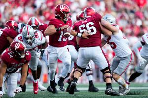 Sep 2, 2023; Bloomington, Indiana, USA; Indiana Hoosiers quarterback Brendan Sorsby (15) scrambles during the second half of the