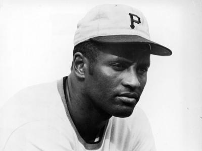 Portrait of Puerto Rican-born baseball player Roberto Clemente in his 1970 s Pittsburgh Pirates uniform.