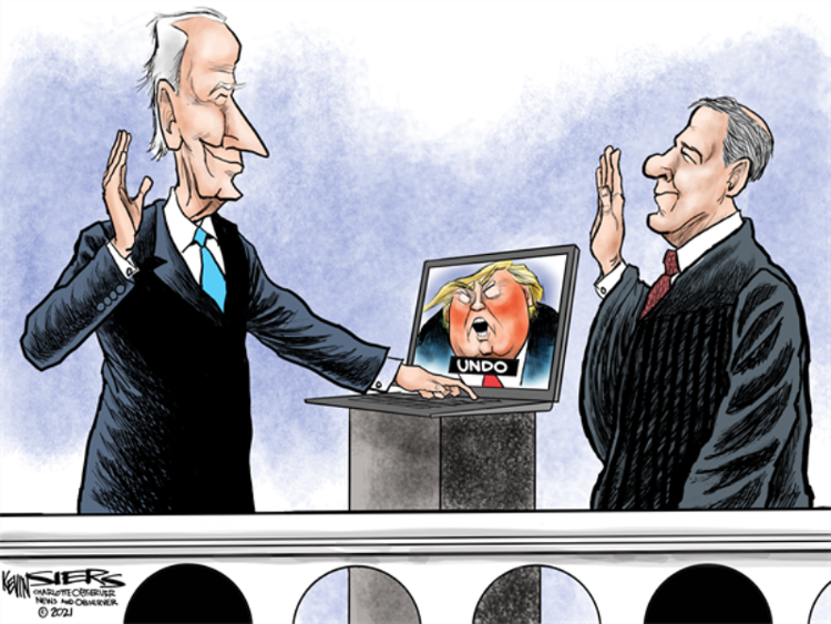 In the cartoons MAGA; Biden; democracy