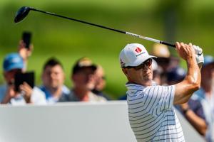 Zach Johnson tees off during the Kaulig Companies PGA Championship Final Round, July 12, 2026, at Firestone Country Club in