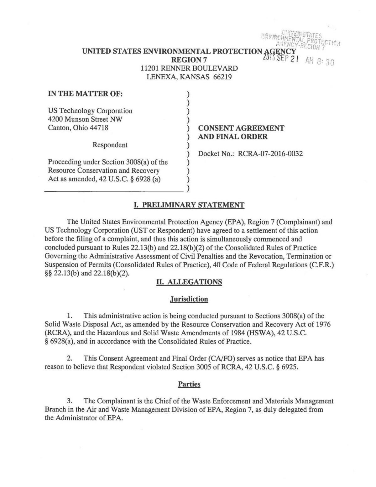 U.S. Technology Corp. consent agreement