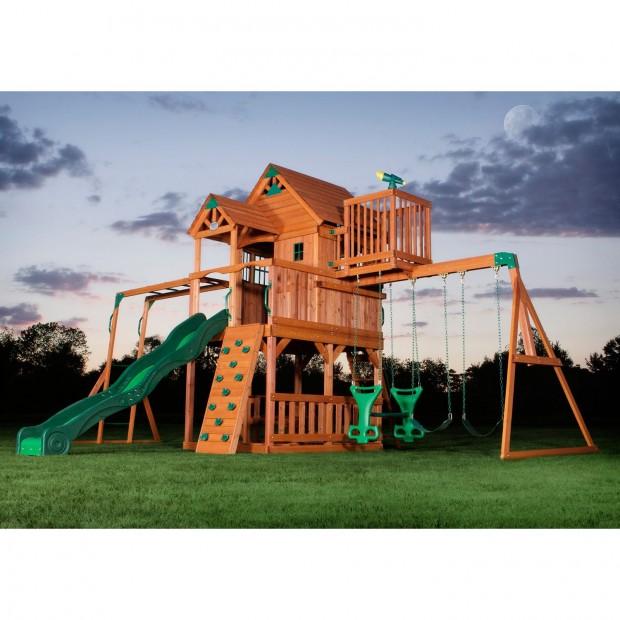 Skyfort II cedar swing set features large clubhouse with lookout balcony, ladders and wave slide 