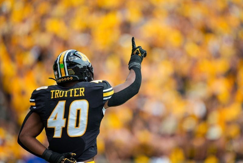 Sep 6, 2025; Columbia, Missouri, USA; Missouri Tigers linebacker Josiah Trotter (40) celebrates after a play during the first half against the Kansas Jayhawks at Faurot Field at Memorial Stadium. Mandatory Credit: Jay Biggerstaff-Imagn Images
