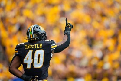 Sep 6, 2025; Columbia, Missouri, USA; Missouri Tigers linebacker Josiah Trotter (40) celebrates after a play during the first half against the Kansas Jayhawks at Faurot Field at Memorial Stadium. Mandatory Credit: Jay Biggerstaff-Imagn Images