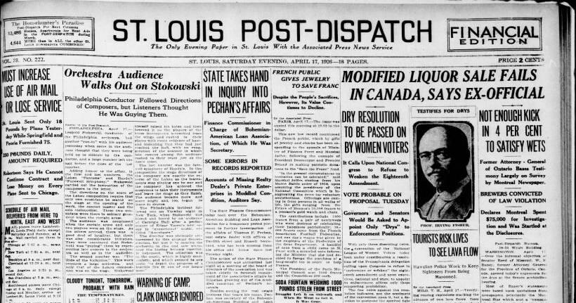 Siehe Titelseite vom 17. April 1926: St. Louis muss die Luftpostnutzung ...
