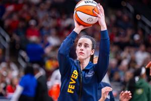 Indiana Fever guard Caitlin Clark (22) warms up on the court before an WNBA basketball game against the Seattle Storm, Sunday, May 17, 2026, at Gainbridge Fieldhouse.
