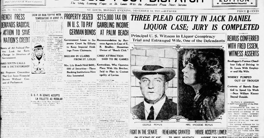 See the Dec. 14, 1925, front page: Three plead guilty in Jack Daniel liquor case