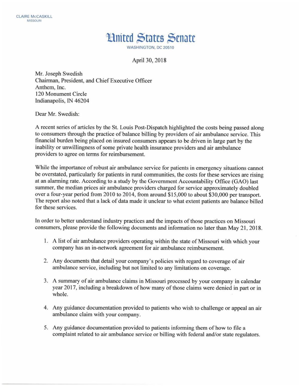 Here S The Letter Mccaskill Sent To Anthem Online Stltoday Com