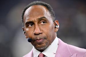 Nov 3, 2025; Arlington, Texas, USA; ESPN commentator Stephen A. Smith looks on before the game between the Dallas Cowboys and the Arizona Cardinals at AT&T Stadium. Mandatory Credit: Jerome Miron-Imagn Images