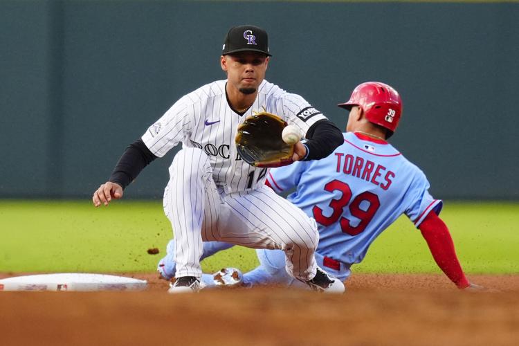 Sep 5, 2026; Denver, Colorado, USA; �����Ӱ�ԭ�� Cardinals second baseman Bryan Torres (39) takes second on wild pitch against Colorado Rockies shortstop Ezequiel Tovar (14) in the first inning at Coors Field. Mandatory Credit: Ron Chenoy-Imagn Images