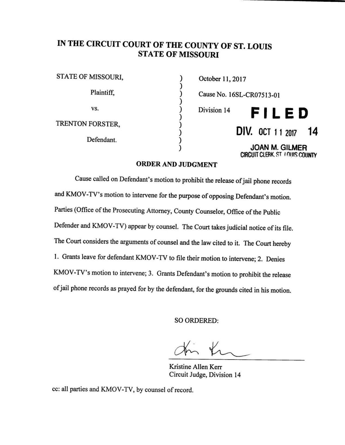 Judge Kristine Kerr's ruling on KMOV's motion to intervene