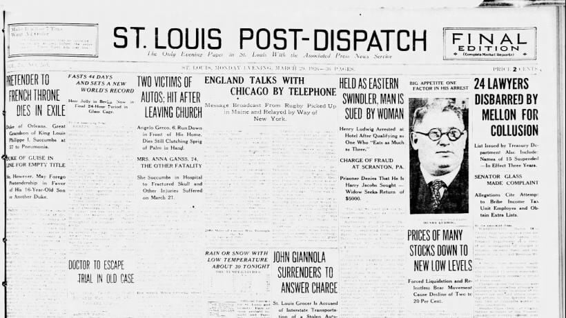 stltoday.com - Post-Dispatch archives - See the March 29, 1926, front page: Two victims of autos; Hit after leaving church