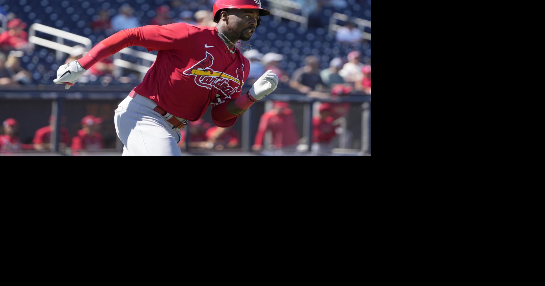 St. Louis Cardinals' Willson Contreras bats during the first inning of a spring  training baseball game against the Washington Nationals Tuesday, Feb. 28,  2023, in West Palm Beach, Fla. (AP Photo/Jeff Roberson