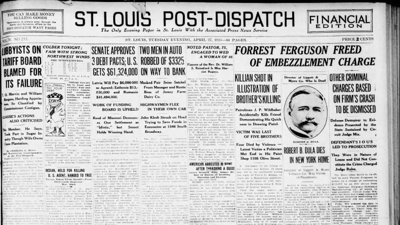 stltoday.com - Post-Dispatch archives - See the April 27, 1926, front page: Two men in auto robbed of $3,325 on way to bank