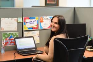 Michigan State University senior Olivia Murray, on Thursday, April 11, 2024, at the MSU Career Services Network office where she works as a lead marketing and event intern. Murray had several internships during college but has struggled to find a ful