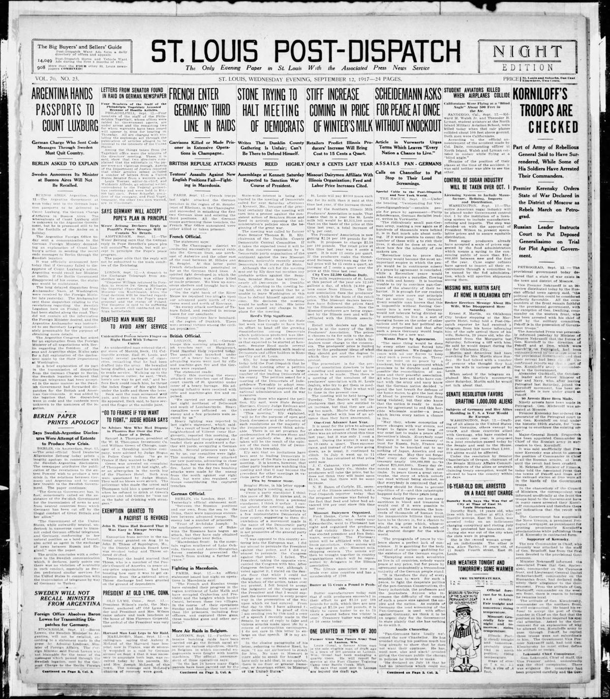 Sep 12 Post Dispatch Page 1 The Stories Of The Day From Decades