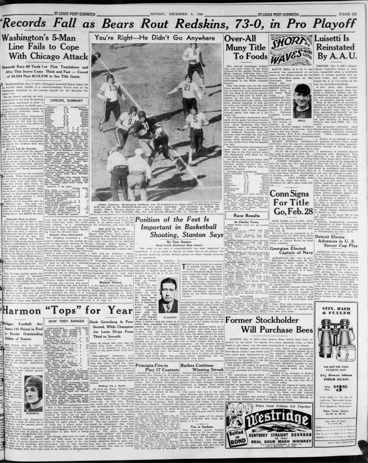 Dec. 9, 1940: Bears Annihilate Redskins in Playoffs